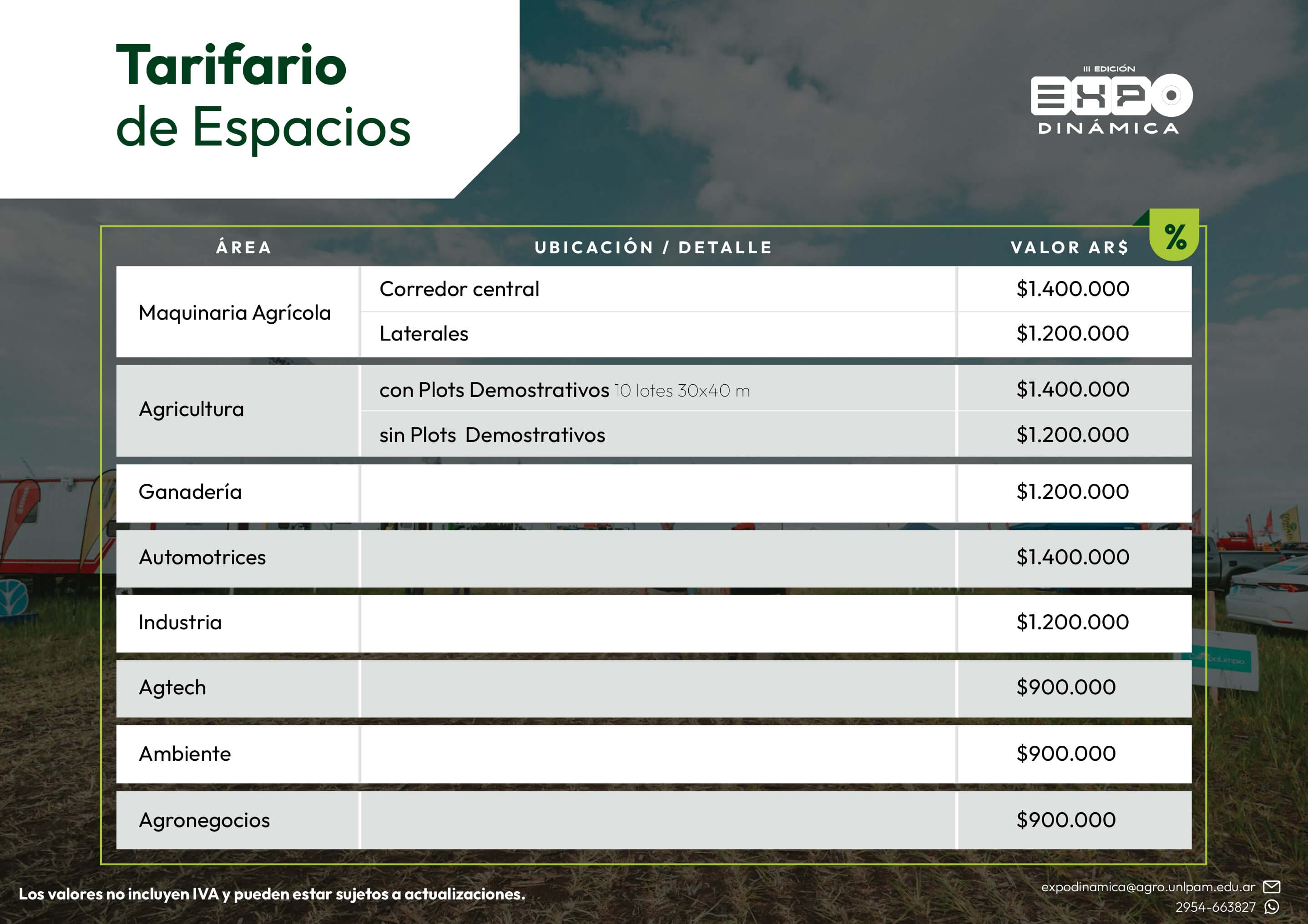 Tarifario de espacios Expo Dinámica 2026: Maquinaria Agrícola, Ganadería, Agtech, Agricultura, Agronegocios y más