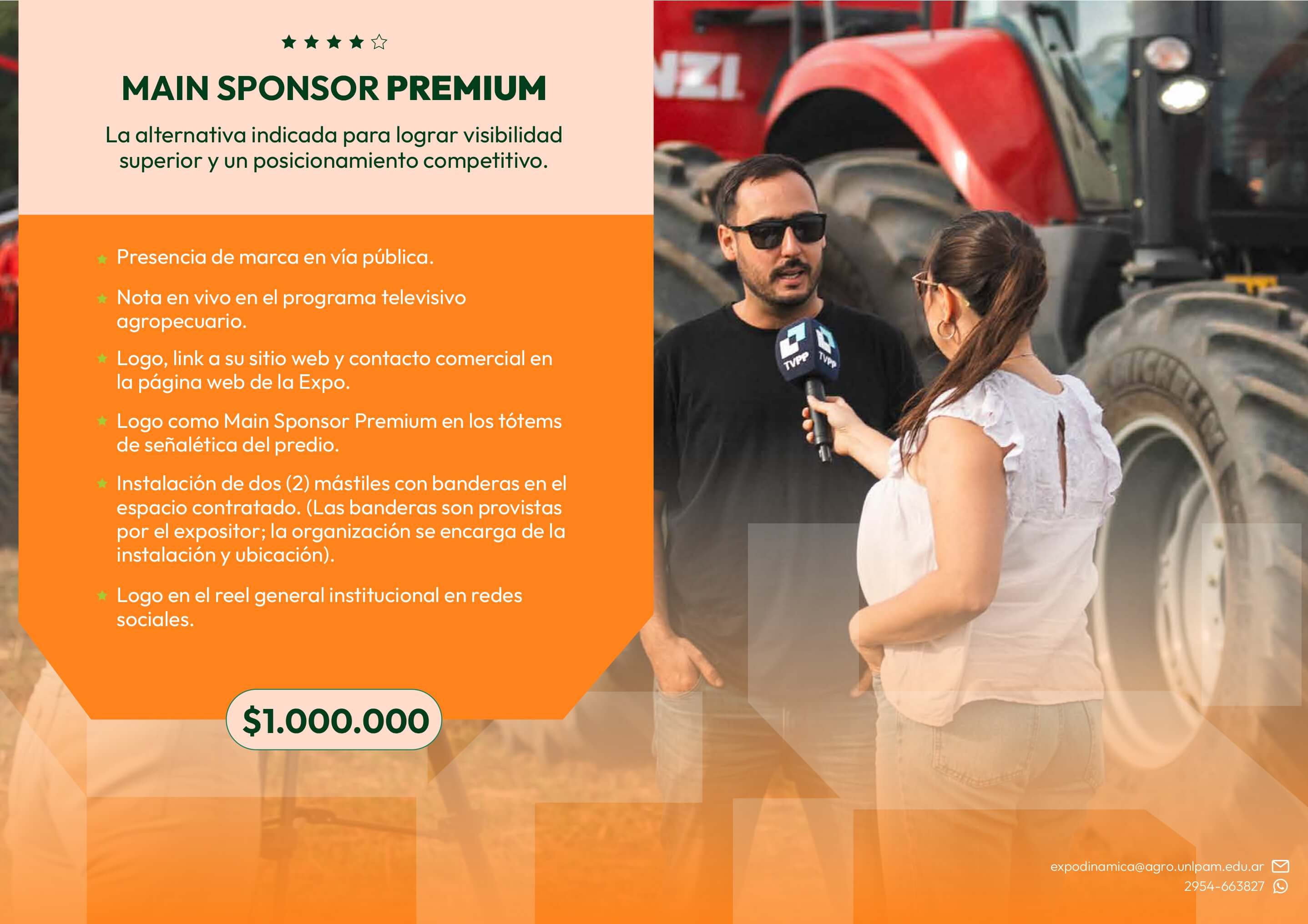 Main Sponsor Premium $1.000.000 — visibilidad en vía pública, TV agropecuaria, web, tótems y redes sociales