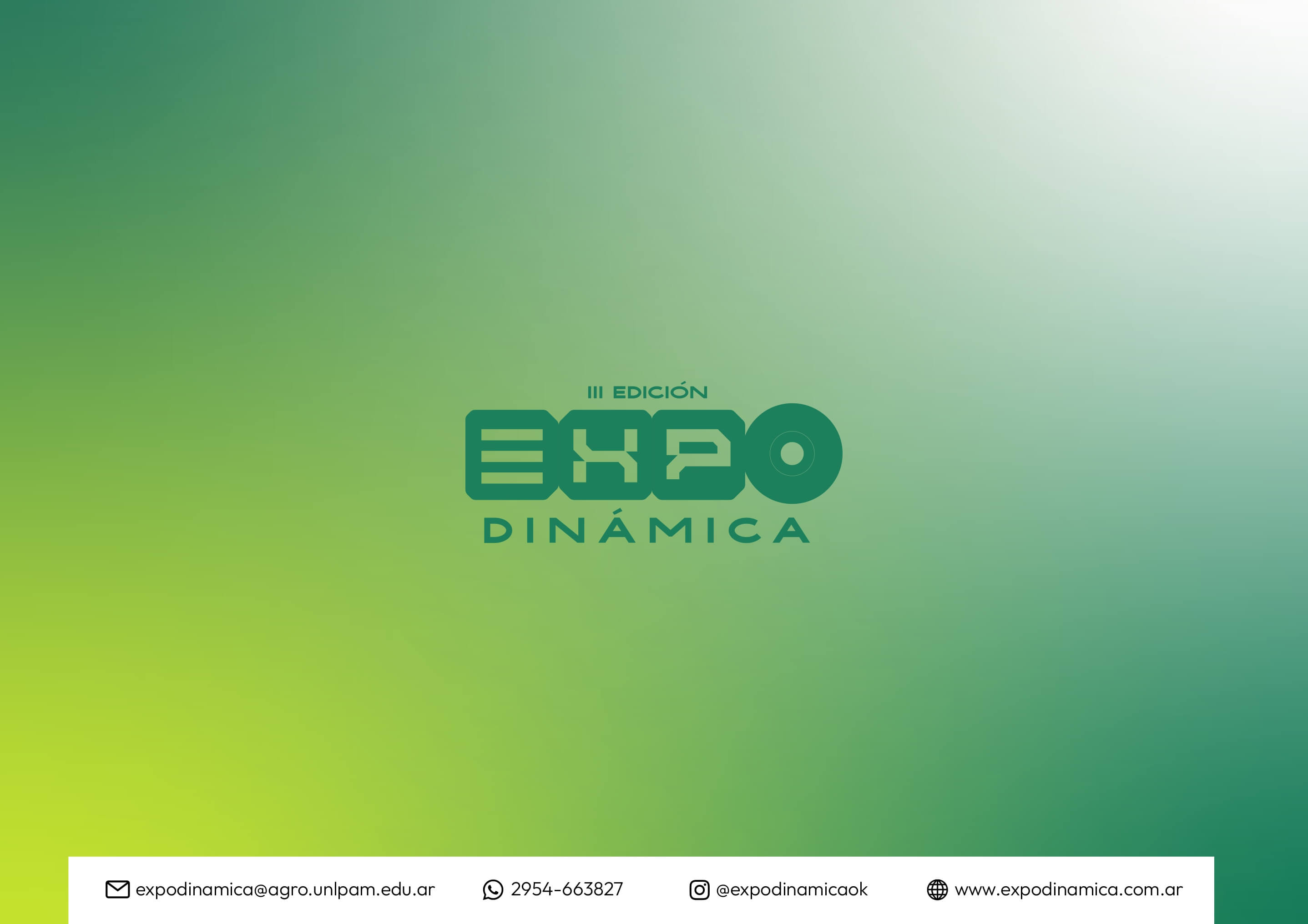 Contacto Expo Dinámica 2026: expodinamica@agro.unlpam.edu.ar · 2954-663827 · @expodinamicaok · expodinamica.com.ar